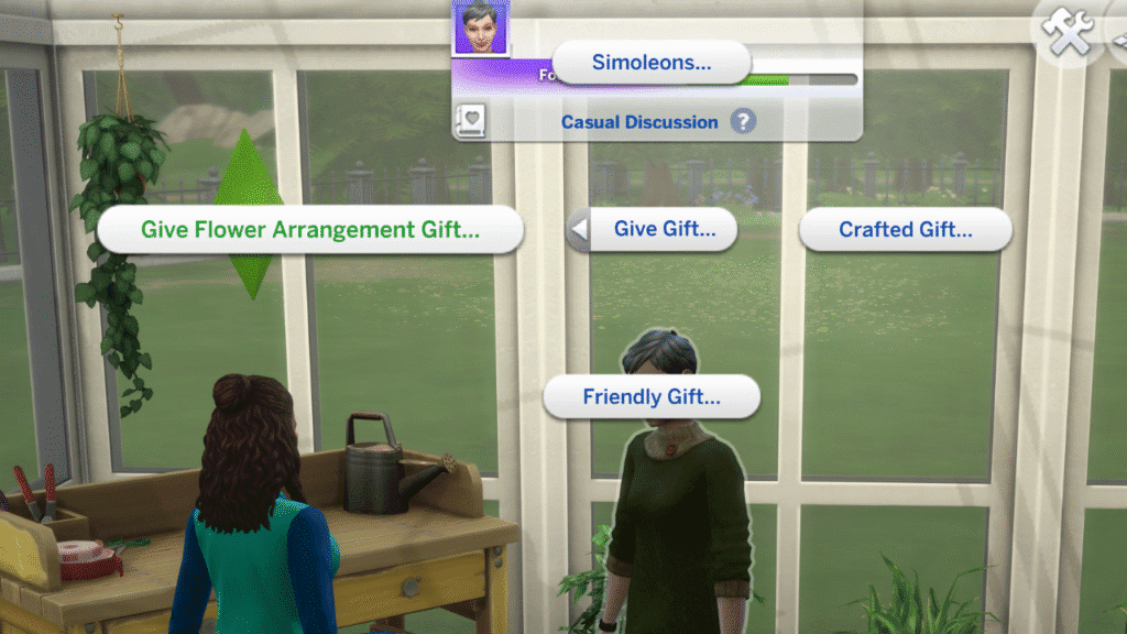 A screenshot from The Sims 4 showing the option to give flower arrangement gift to another sim