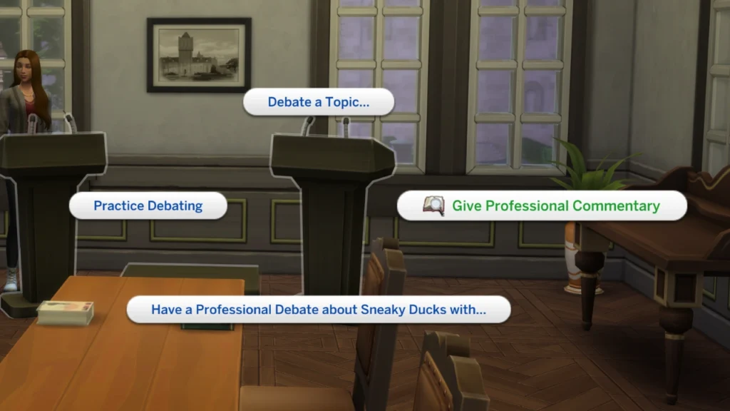 A screenshot from The Sims 4 showing a podium with the menu open and Give Professional Commentary highlighted