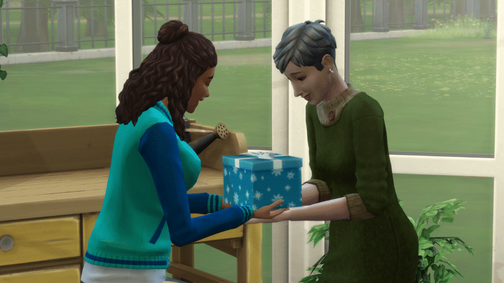 A screenshot from The Sims 4 showing an adult sim giving an elder sim a gift