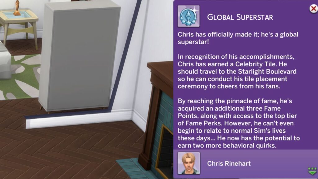 A screenshot from The Sims 4 of the notification you get when a sim becomes a Global Superstar 