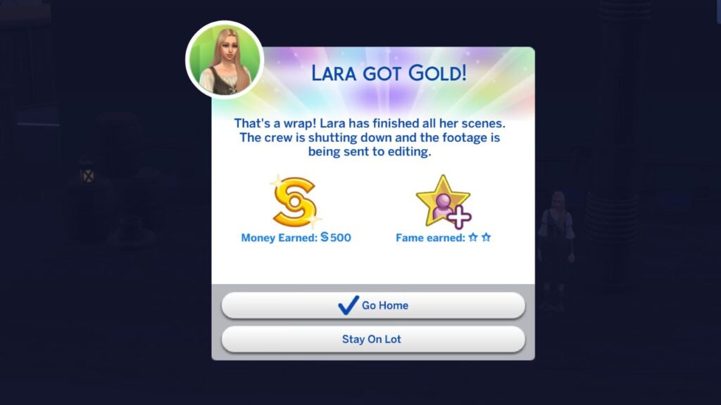A screenshot from The Sims 4 showing how my sim earned gold in a commercial acting gig 