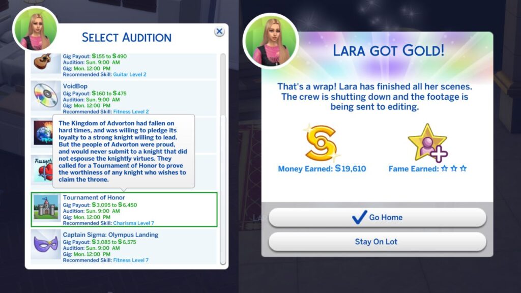 A screenshot from The Sims 4 showing the way to select a movie audition and get gold 