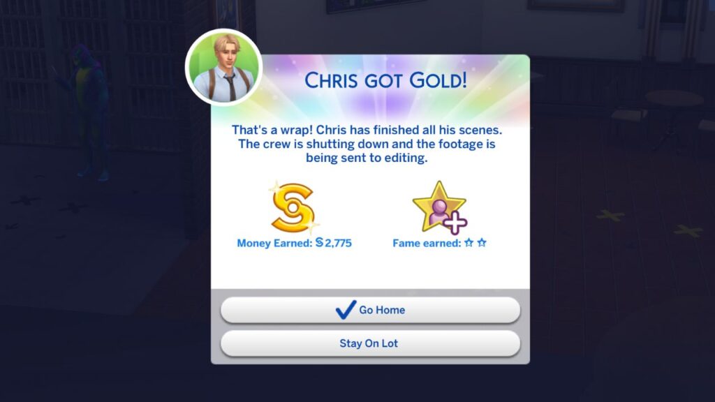A screenshot from The Sims 4 showing a sim who got gold in a TV acting gig