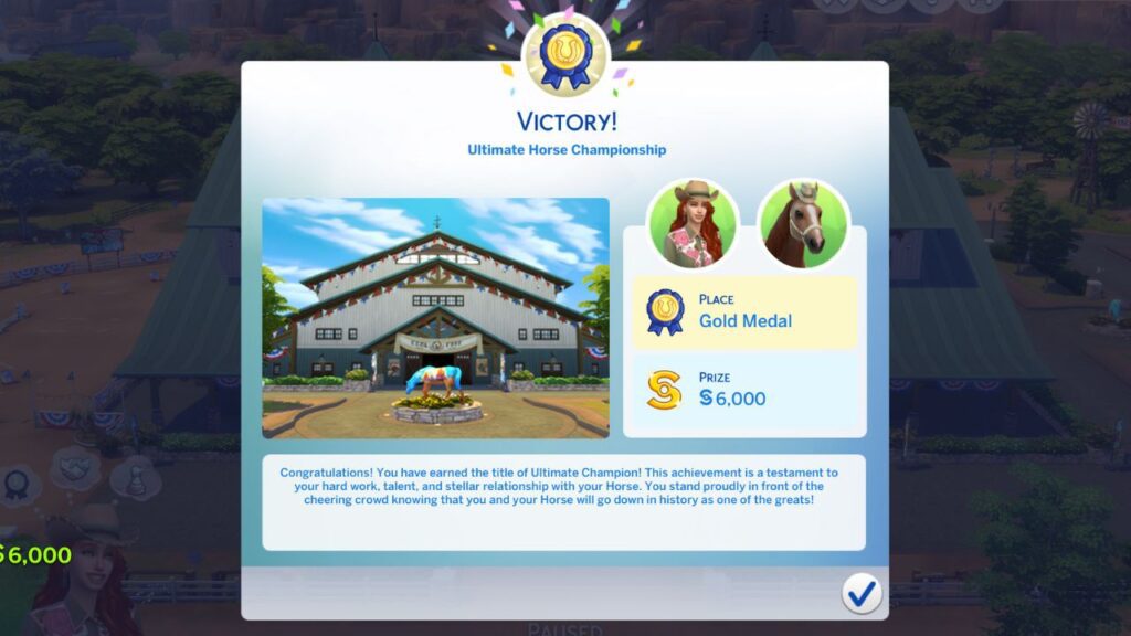 A screenshot of the victory page for gold medal in the ultimate horse championship