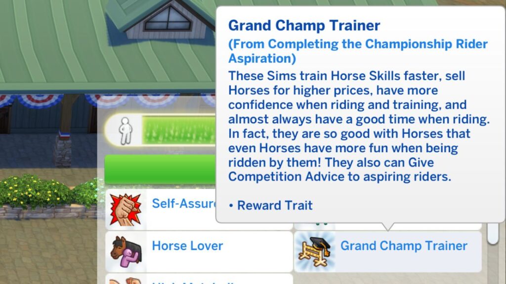 A screenshot showing the grand champ trainer reward trait