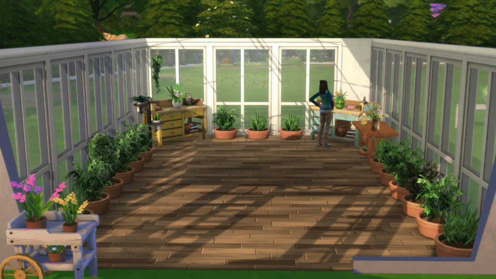 A screenshot from The Sims 4 showing a greenhouse filled with plants and flower arranging tables