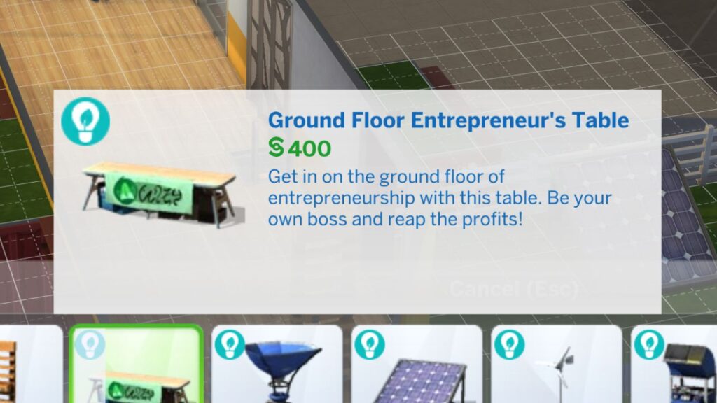 A screenshot from The Sims 4 of the Ground Floor Entrepreneur's Table