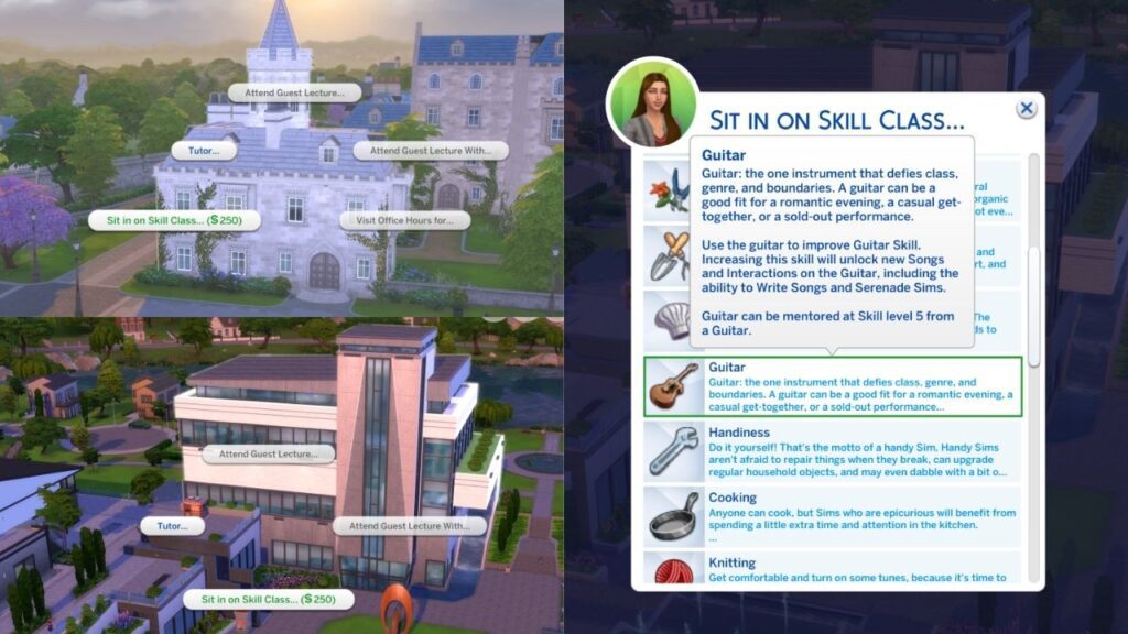 A screenshot from The Sims 4 showing the option to sit in on a skill class for guitar.