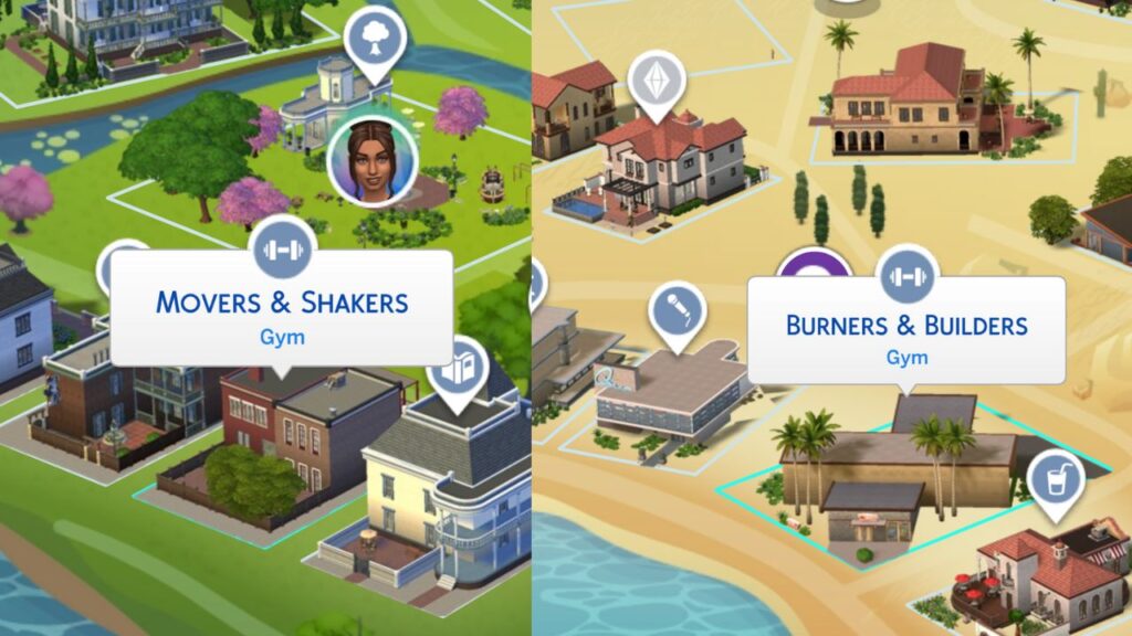 A screenshot from the sims 4 showing the gym locations in oasis springs and willow creek