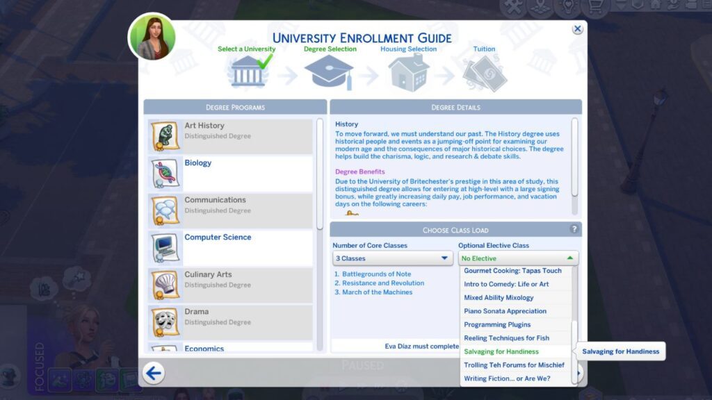 A screenshot from The Sims 4 showing the option to take a handiness elective in University