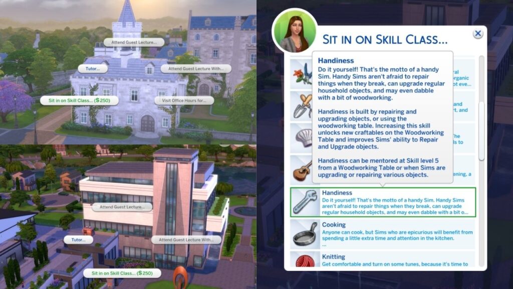 A screenshot from The Sims 4 showing the option to sit in on a handiness skill class