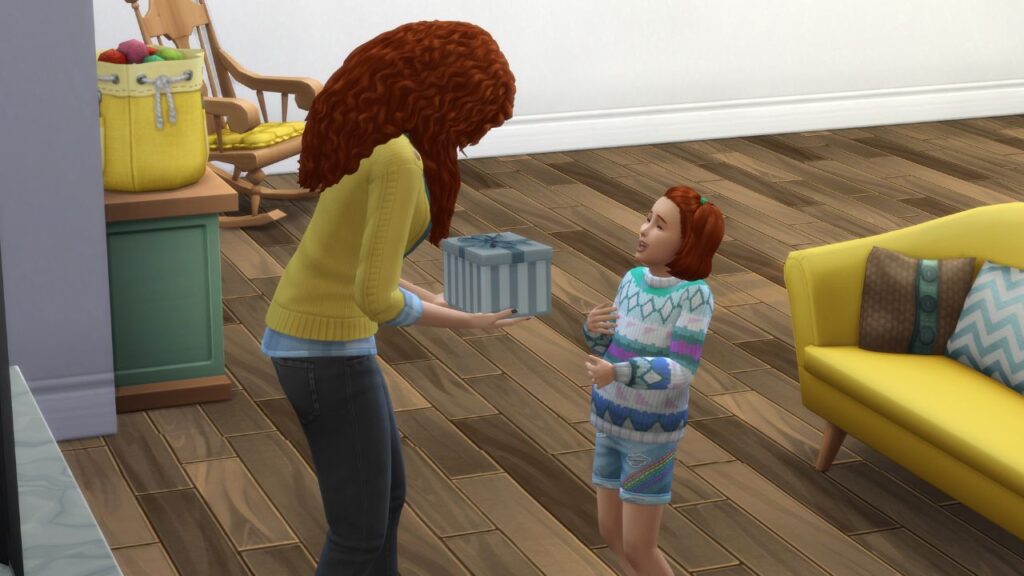 A screenshot from The Sims 4 of a sim succesfully gifting knittables 