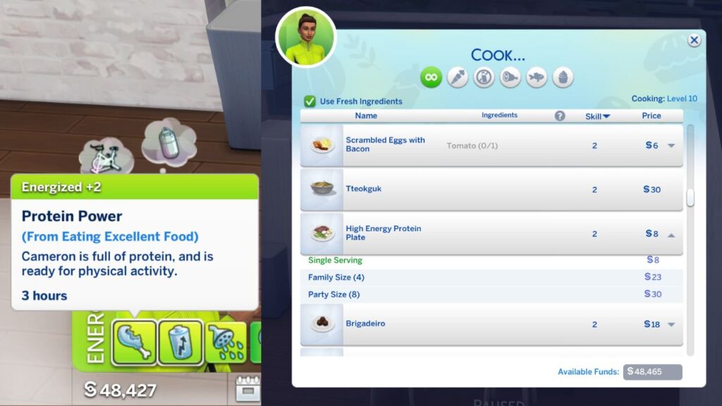 A screenshot from the sims 4 showing the high energy protein plate a sim can make and an energized moodlet they get.