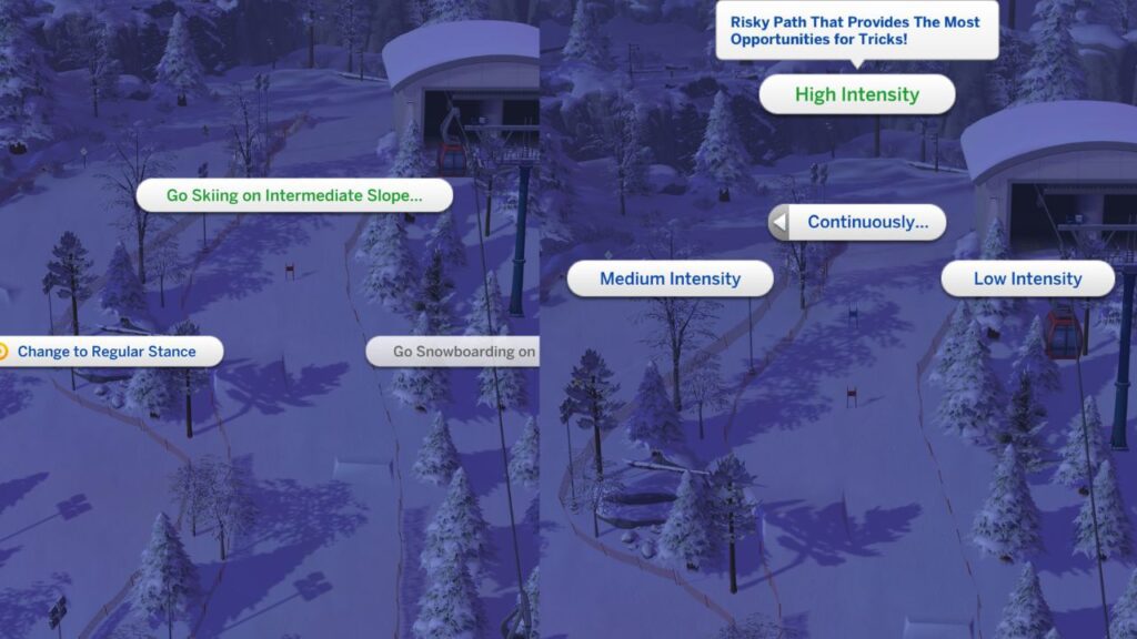 A screenshot from The Sims 4 showing how to do a high intensity mountain run