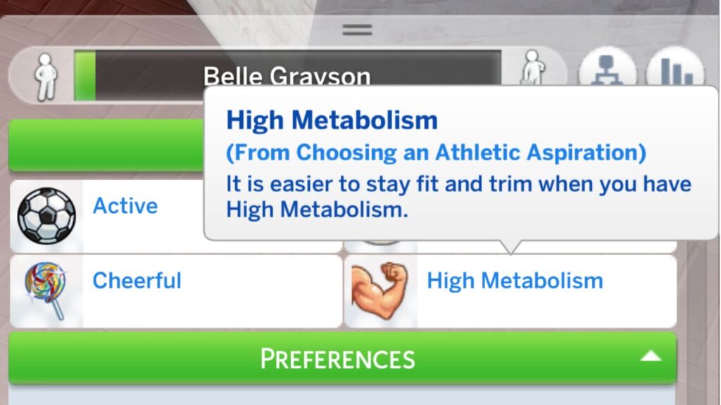 A screenshot from The Sims 4 having the high metabolism reward trait's description visible