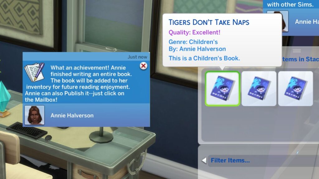 A screenshot from The Sims 4 showing a sim's notification when they finished an excellent quality book.