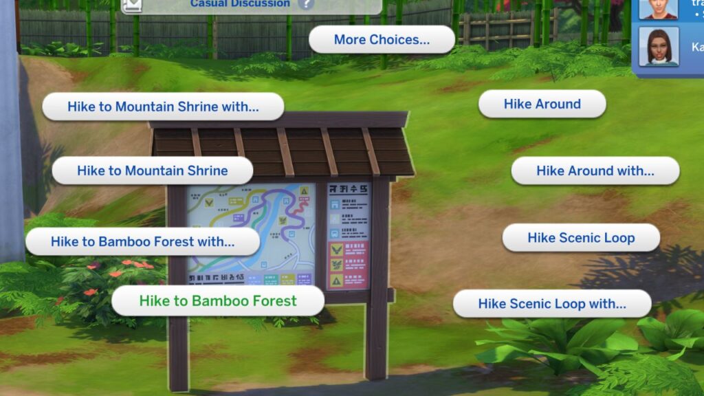A screenshot from The Sims 4: Snowy Escape showing the hiking board options
