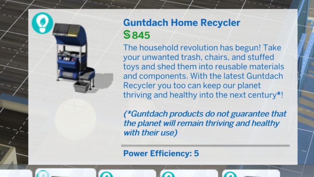 A screenshot from The Sims 4 showing the Guntdach Home Recycler's build mode listing