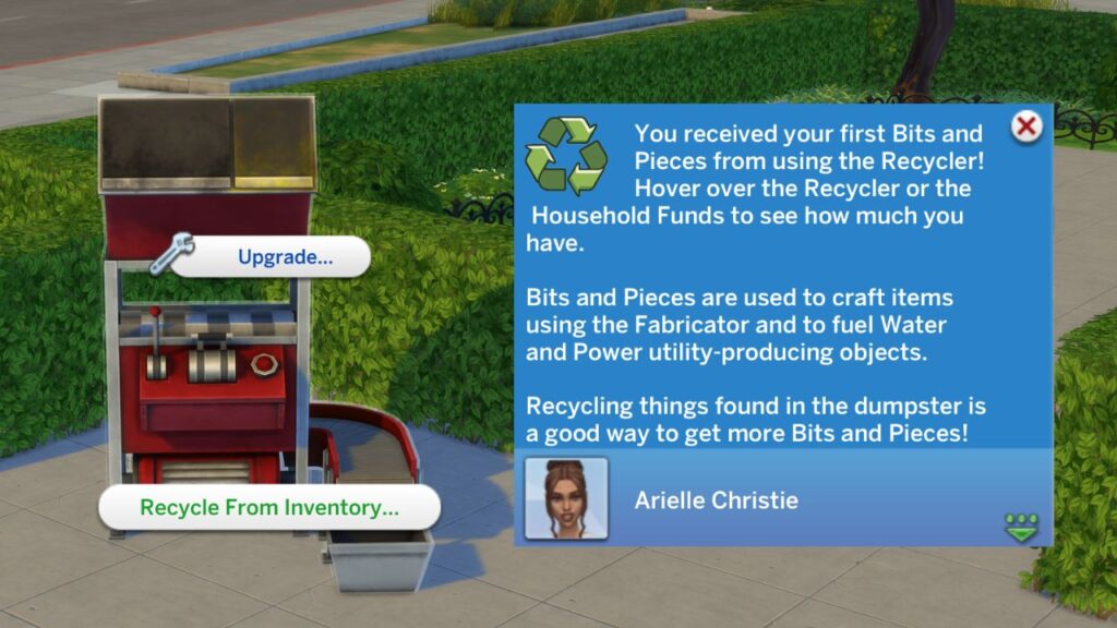 A screenshot from The Sims 4 showing how to recycle items and the notification you get when you do it.