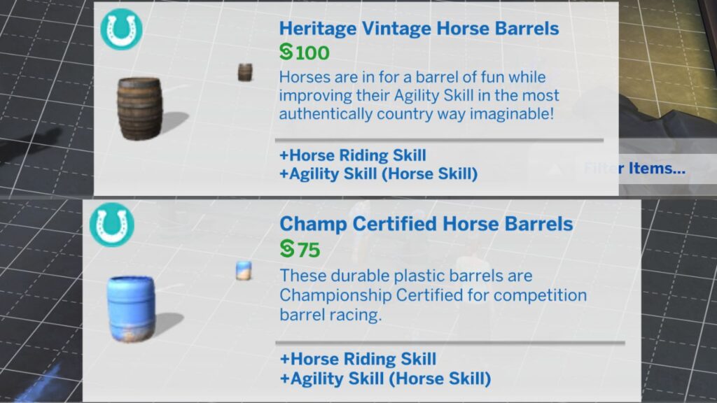 A screenshot of the two options of horse barrels your sims can purchase 