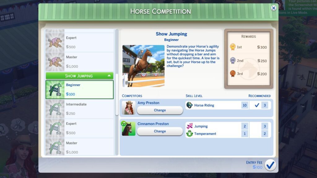 A screenshot of the horse competition menu in The Sims 4