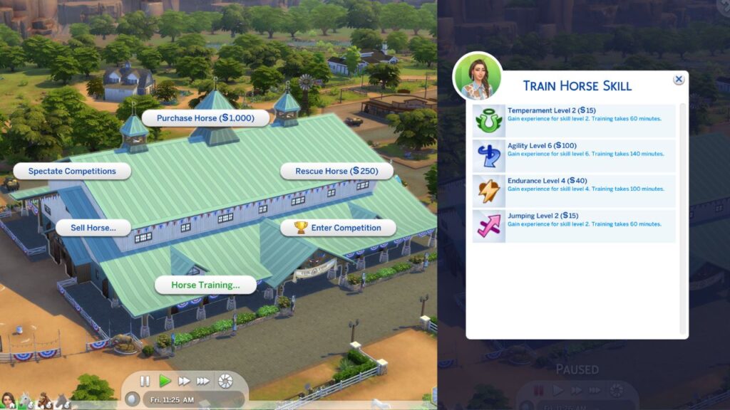 A screenshot from The Sims 4 showing that you can take horse training skills at the Equestrian Centre