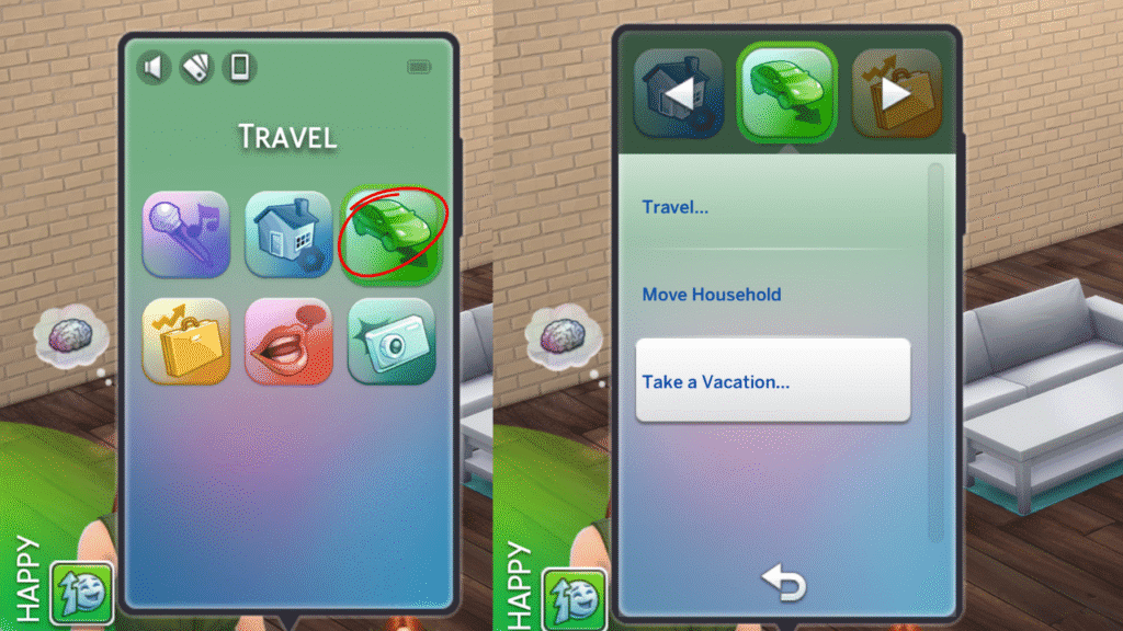 A screenshot from The Sims 4 showing how to take a vacation from your sim's phone