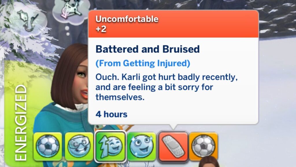 A screenshot of an uncomfortable moodlet a sim got for getting injured on the mountain