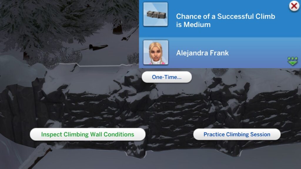 A screenshot from The Sims 4 showing the option to inspect climbing wall conditions for rock climbing 
