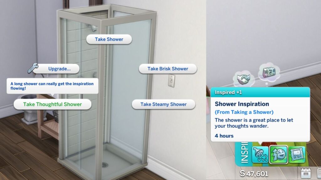A screenshot from The Sims 4 showing how to get inspired