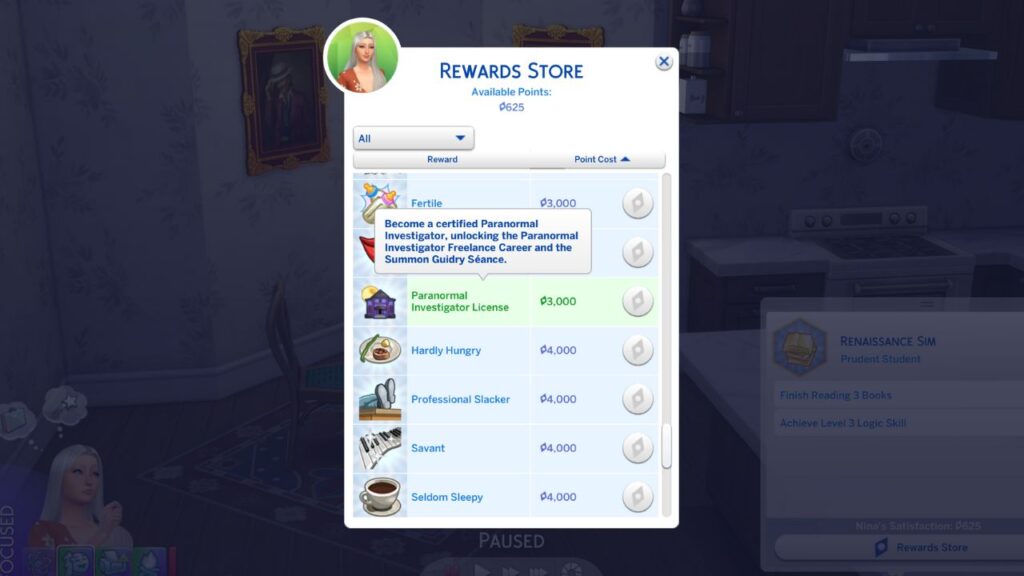 A screenshot of the reward store from the sims 4 with paranormal investigator license highlighted