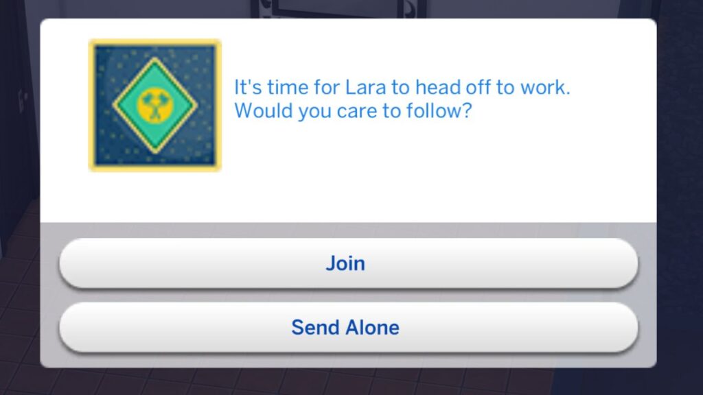 A screenshot from The Sims 4 showing how to join a sim in an active day of the actor career
