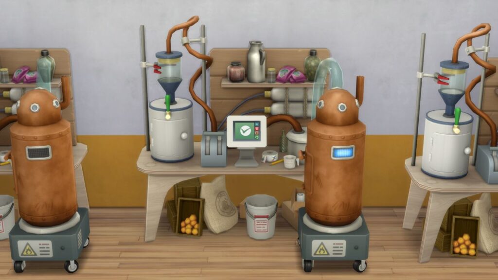 A screenshot from the sims 4 showing the juice fizzing machine with a check mark showing that the juice is done