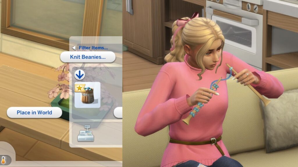 Two screenshots from The Sims 4 showing the option to knit beanies and a sim knitting