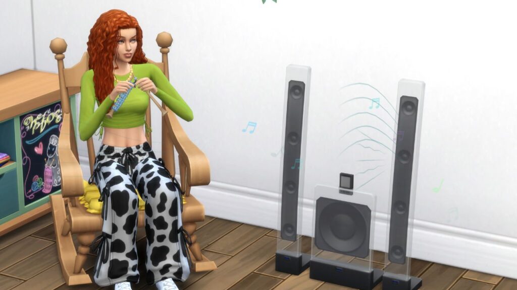A screenshot from The Sims 4 showing a sim knitting in a rocking chair while listening to music