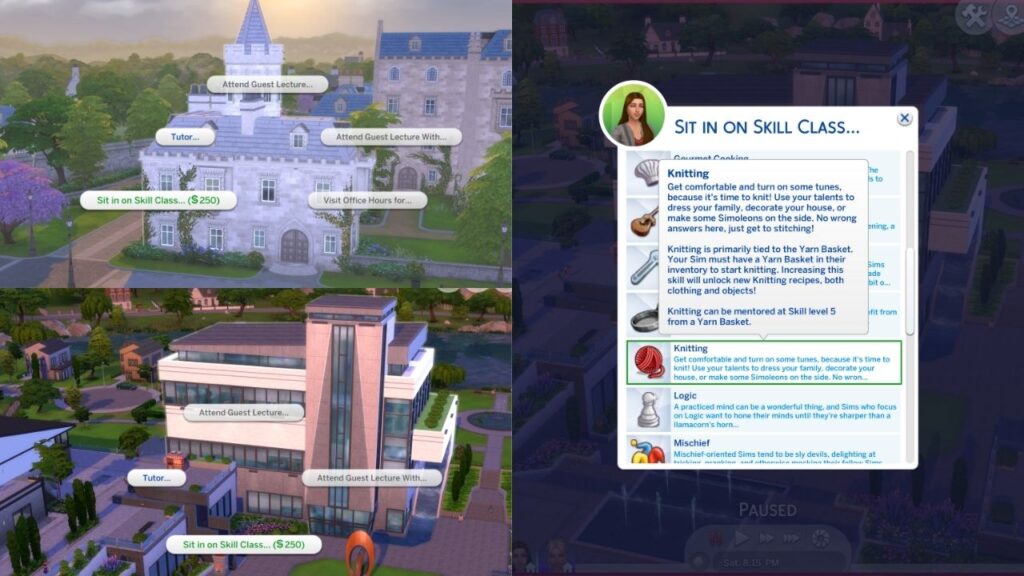 A screenshot from The Sims 4 showing the option to take a knitting skill class