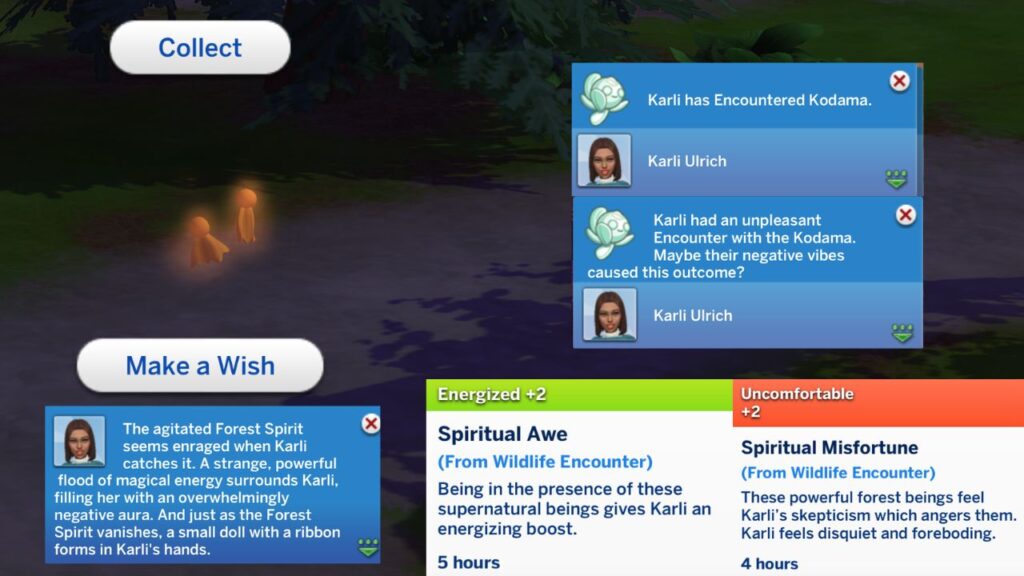 A screenshot showing what happens when you encounter a Kodama or a Forest Spirit.