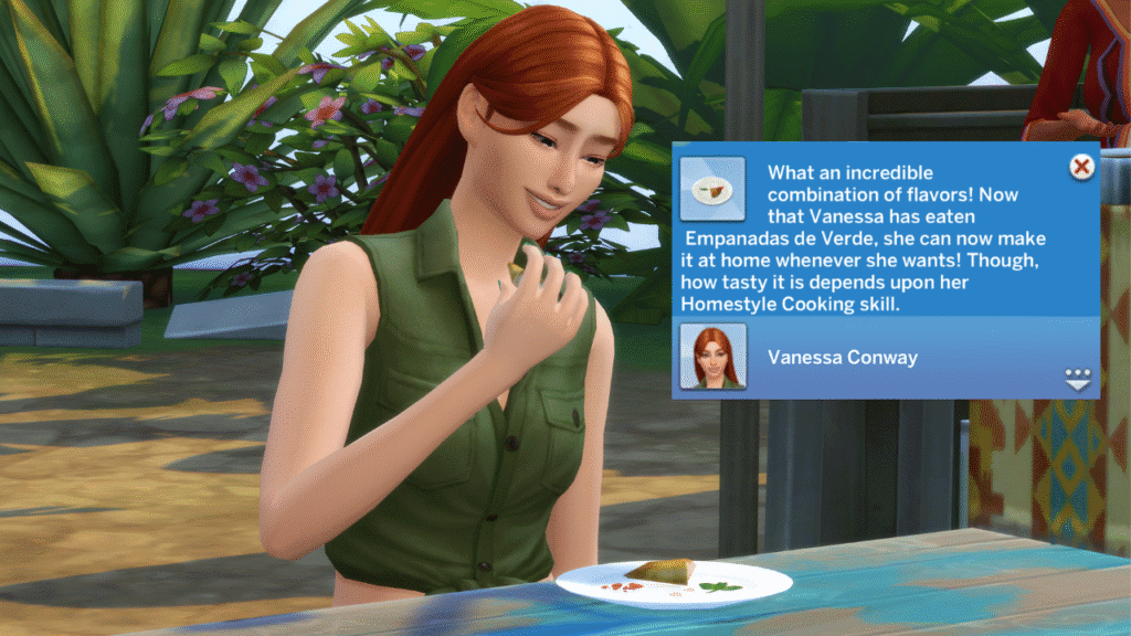 A screenshot from The Sims 4 showing a sim eating food at a picnic table and a notification showing that the sim learned to make the recipe 