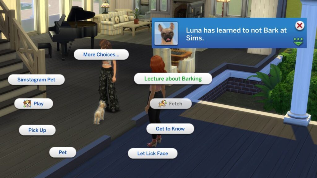 A screenshot from The Sims 4 of the option to lecture about barking with a dog