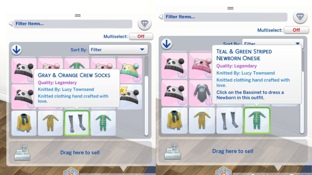A screenshot from The Sims 4 showing legendary knittables in a sim's inventory