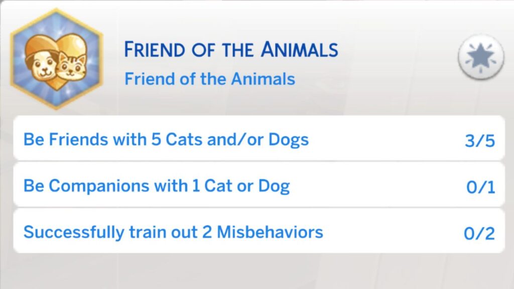 A screenshot from the sims 4 showing the second stage of the friend of the animals aspiration
