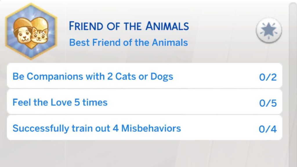 A screenshot from the sims 4 showing the third stage of the friend of the animals aspiration