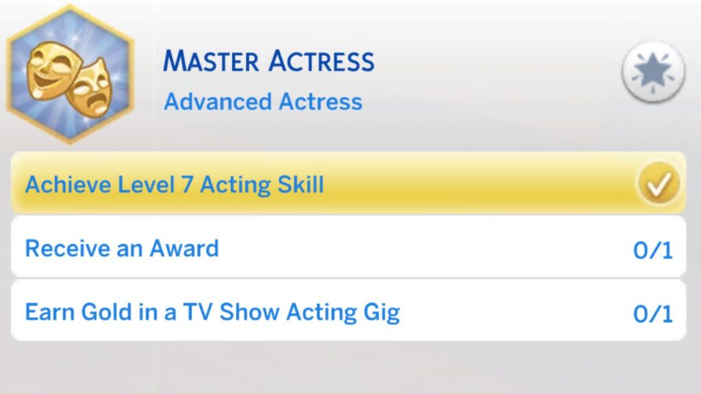 A screenshot of the third level of the master actor or actress aspiration in the sims 4 
