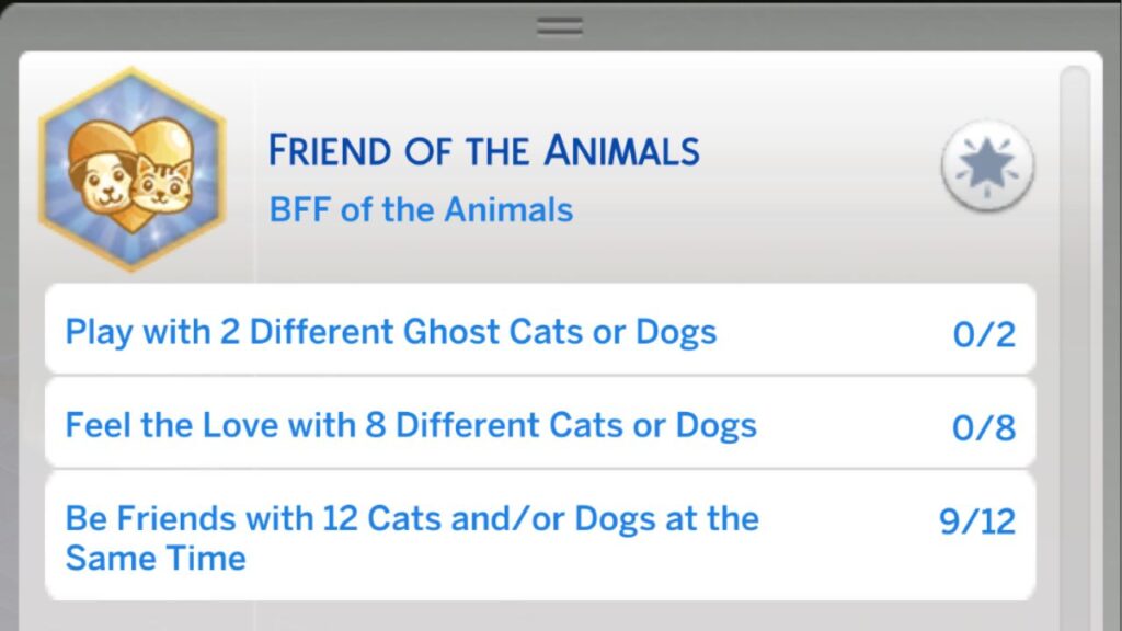 A screenshot from the sims 4 showing the fourth stage of the friend of the animals aspiration