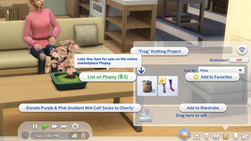 A screenshot from The Sims 4 showing the List on Plopsy option for knitting items