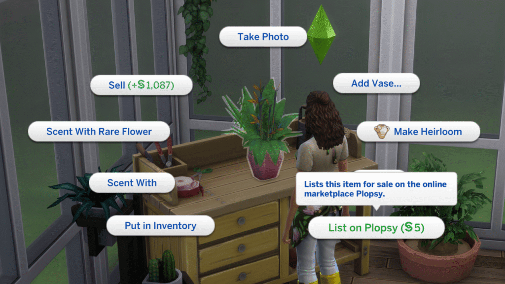 A screenshot from The Sims 4 showing the option to list on plopsy for a flower arrangement