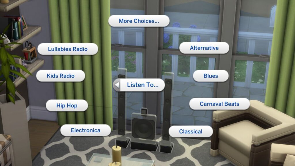 A screenshot from The Sims 4 showing how to listen to music on a radio