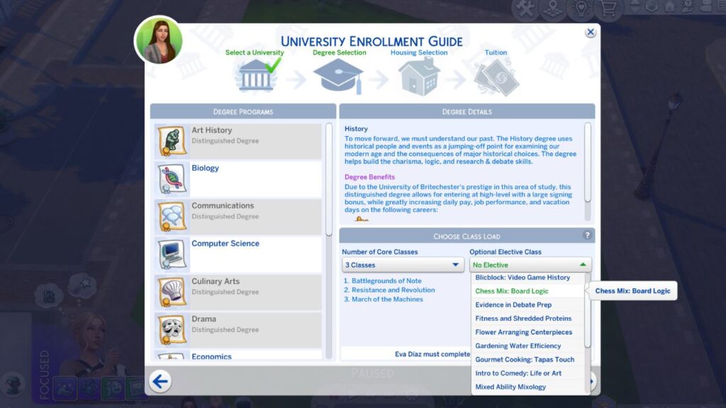 A screenshot of the university enrollment guide from The Sims 4 showing the logic elective class 