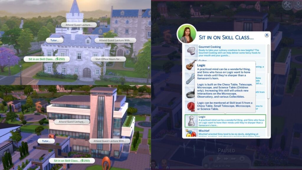 A screenshot from the sims 4 of the option to take a logic skill class 