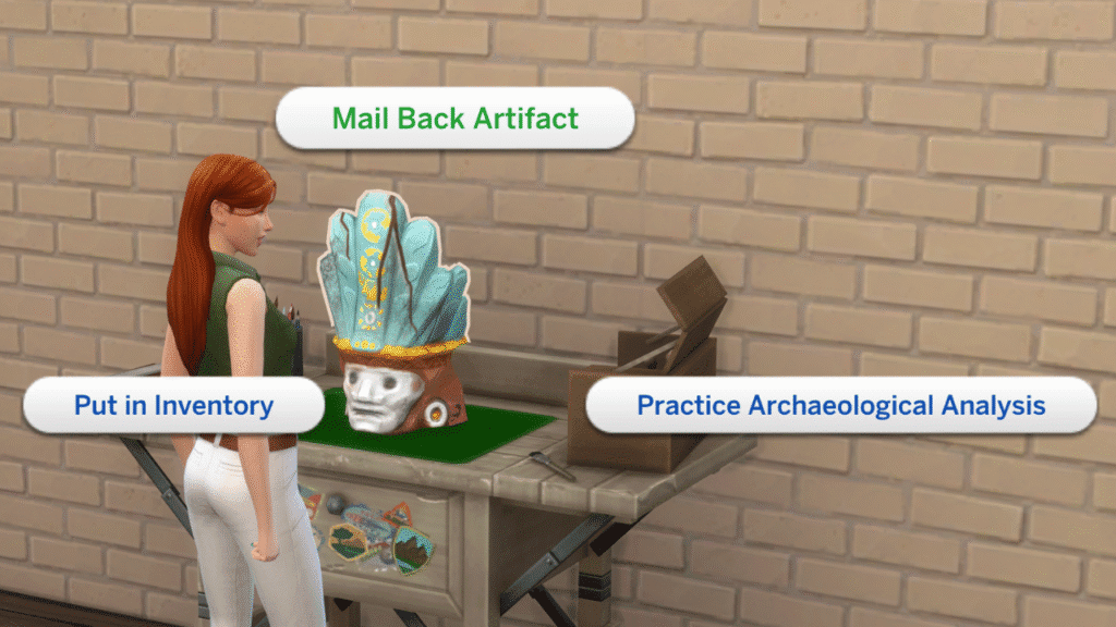 A screenshot from The Sims 4 showing the option to mail back an artifact 